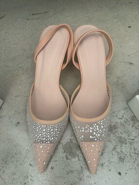 Nude Embellished Pointed Toe Slingback Flats